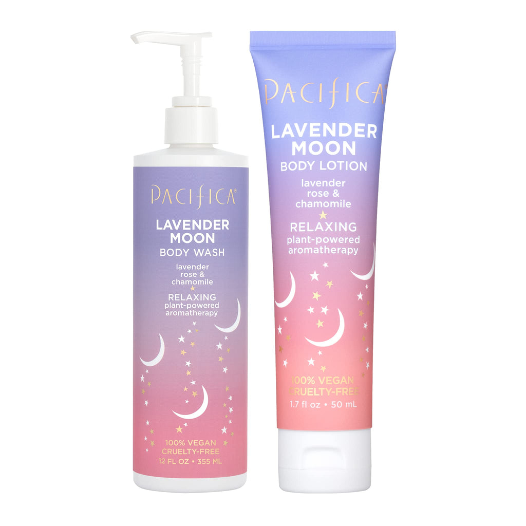 Pacifica Beauty Lavender Moon Body Wash with Pump and Body Lotion Set Moisturizing Hydrating Aloe Hyaluronic Acid Rose Chamomile Relaxing Aromatherapy Vegan 12 fl oz and 1.7 fl oz (Set of 2)