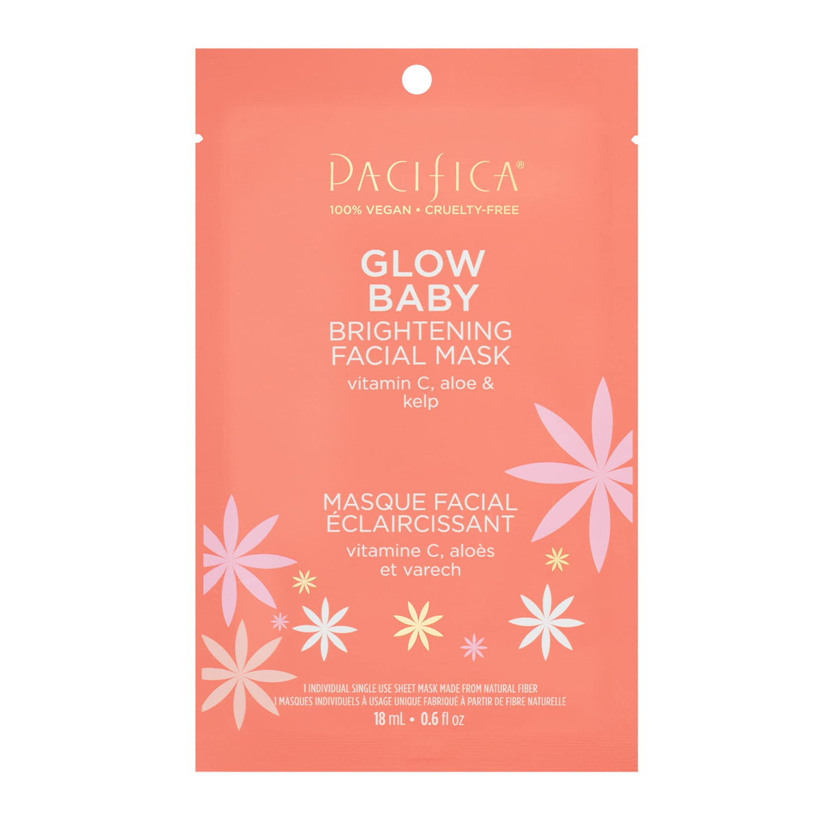 Pacifica Sheet Face Mask - Glow Baby Brightening Facial Mask w/Vitamin C Aloe & Kelp – Cooling Mask for Dark Spots & Fine Lines - Clean Beauty Vegan & Cruelty-Free Dermatologist Tested
