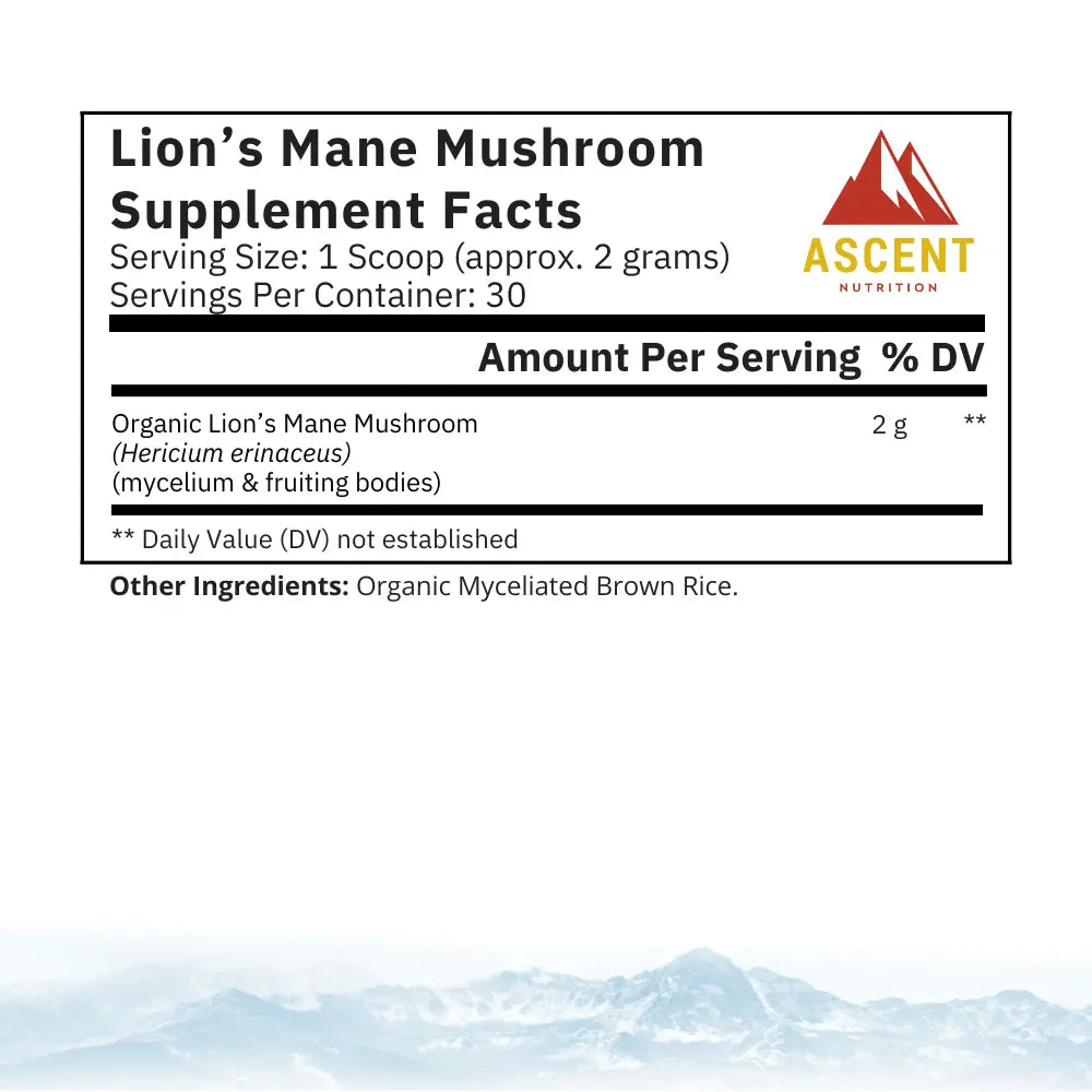 Organic Lion's Mane Mushroom Powder, 2 Grams per scoop Ascent Nutrition