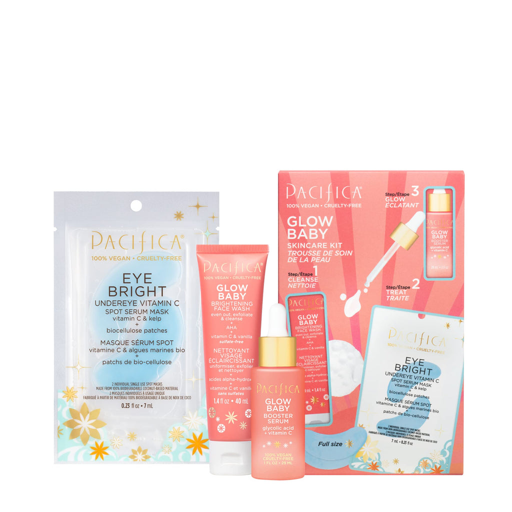 Pacifica Beauty | Glow Baby Vitamin C Trial + Value Kit | 3-Piece Skin Care Gift Set | Travel Friendly | Brightening Face Serum Face Wash/Cleanser Under Eye Patches | Glycolic Acid AHA | Vegan