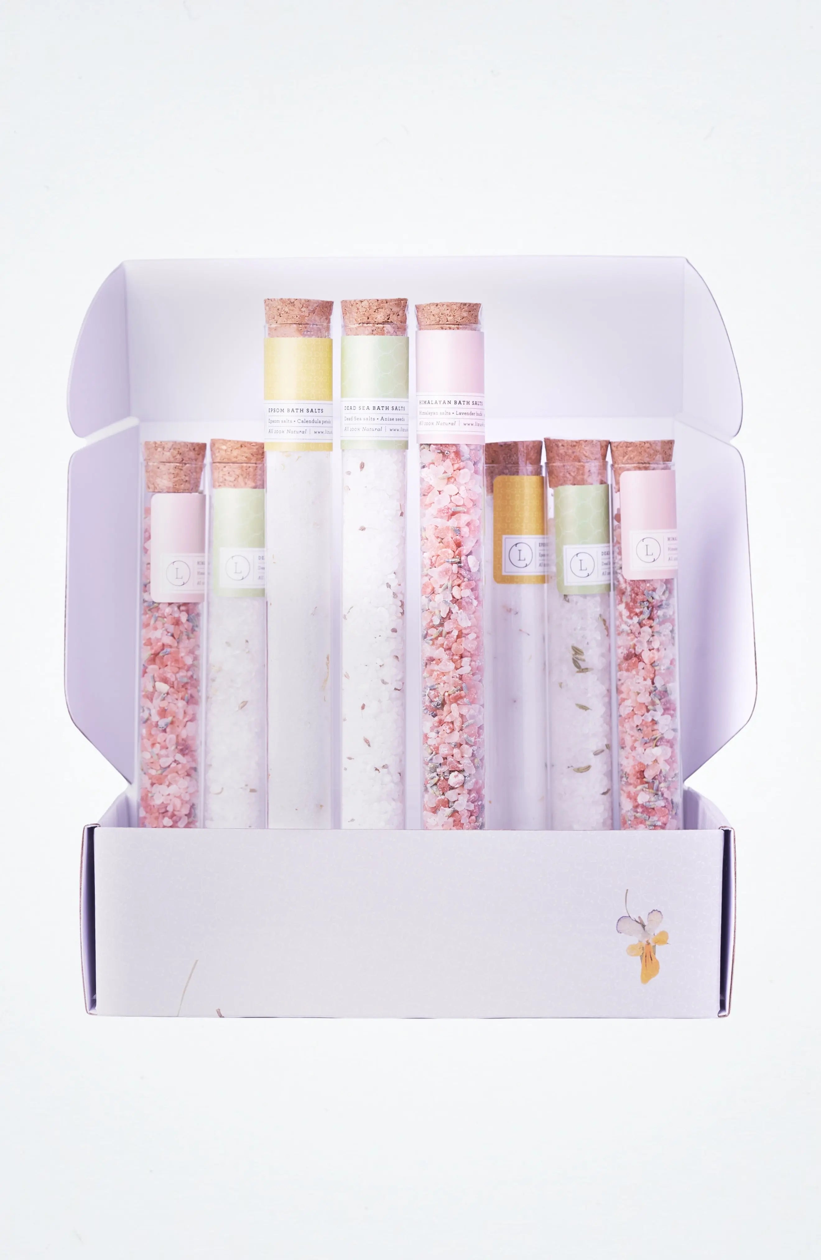 Natural Bath Salts Gift set in 8 Glass Tubes, Luxurious Bath Experience - Natural Beauty