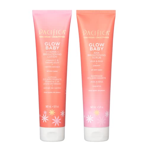 Pacifica Beauty Glow Baby Vitamin C Brightening Body Lotion and AHA Brightening Body Scrub Set Bath and Body Vitamin E Kakadu Moisturizing Exfoliating Hydrating Vegan 5 fl oz Each (Set of 2)