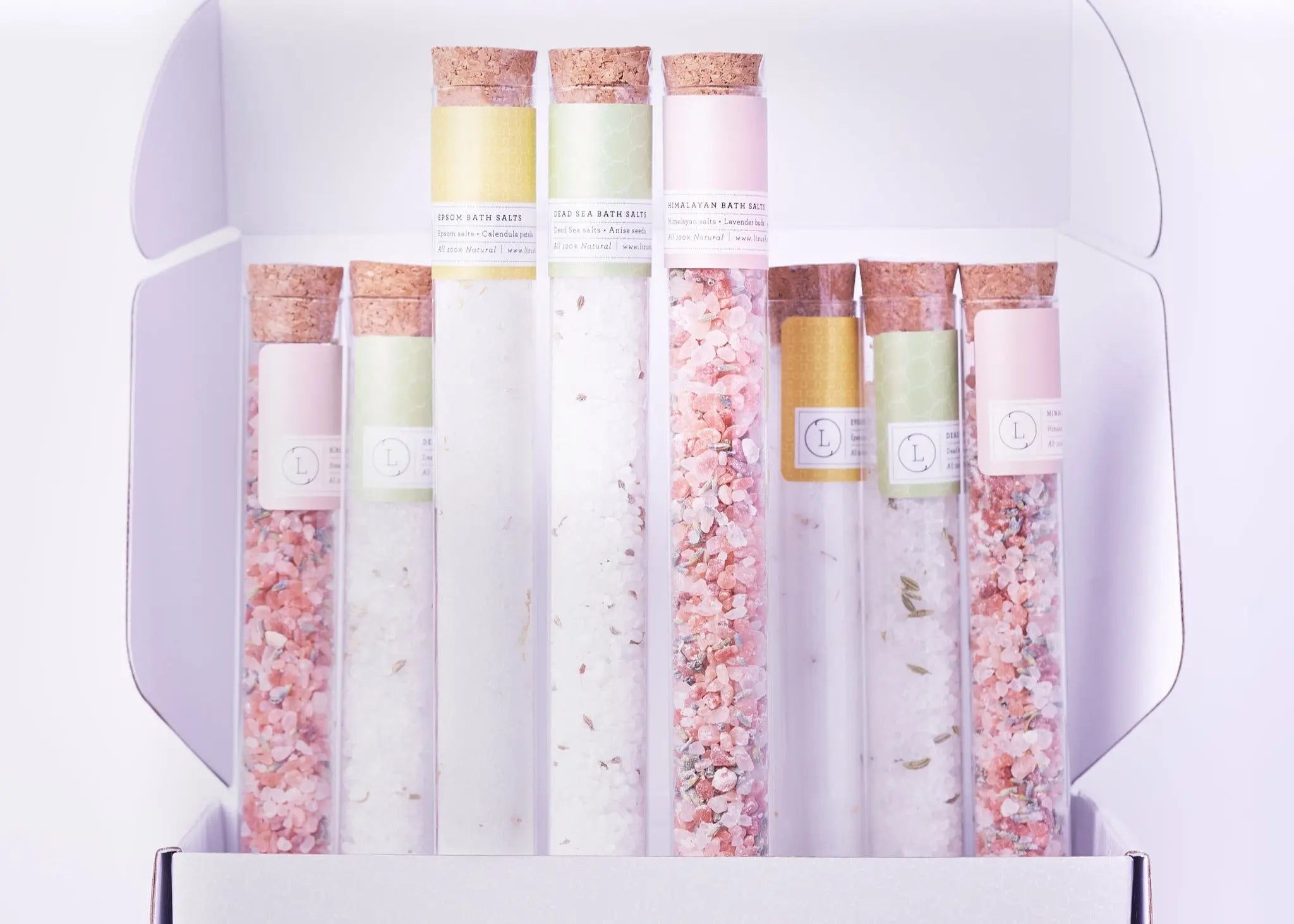 Natural Bath Salts Gift set in 8 Glass Tubes, Luxurious Bath Experience - Natural Beauty