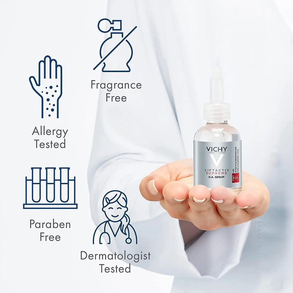 Vichy LiftActiv Supreme H.A. Epidermic Filler: Advanced Anti-Wrinkle Face & Eye Serum - Deeply Hydrating, Reduces Fine Lines, Hypoallergenic, 1.01 fl oz Beauty Care Bag