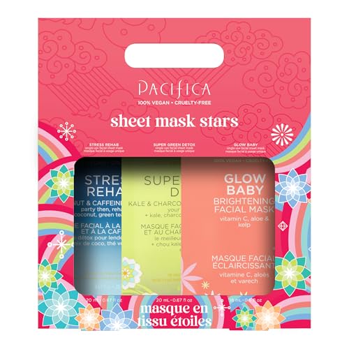 Pacifica Face Sheet Mask Gift Set -Preppy Skincare for Holidays & Stocking Stuffers Face Mask Makeup Gift Set for Woman Teens & Girls Christmas Gifts Glow Baby Super Green Detox & Stress Rehab 3 Pack