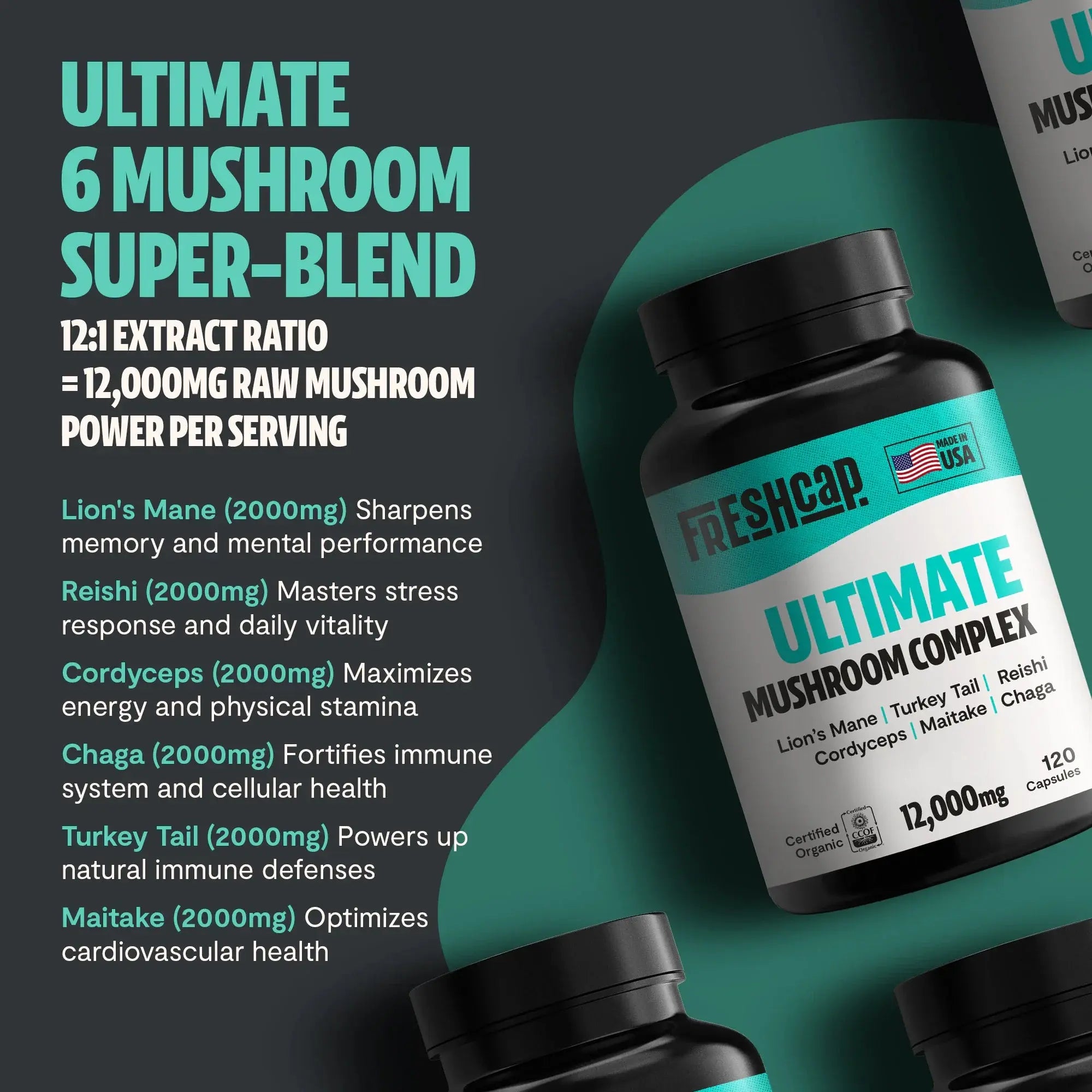 Organic Mushroom Complex Supplement Capsules FreshCap Mushrooms