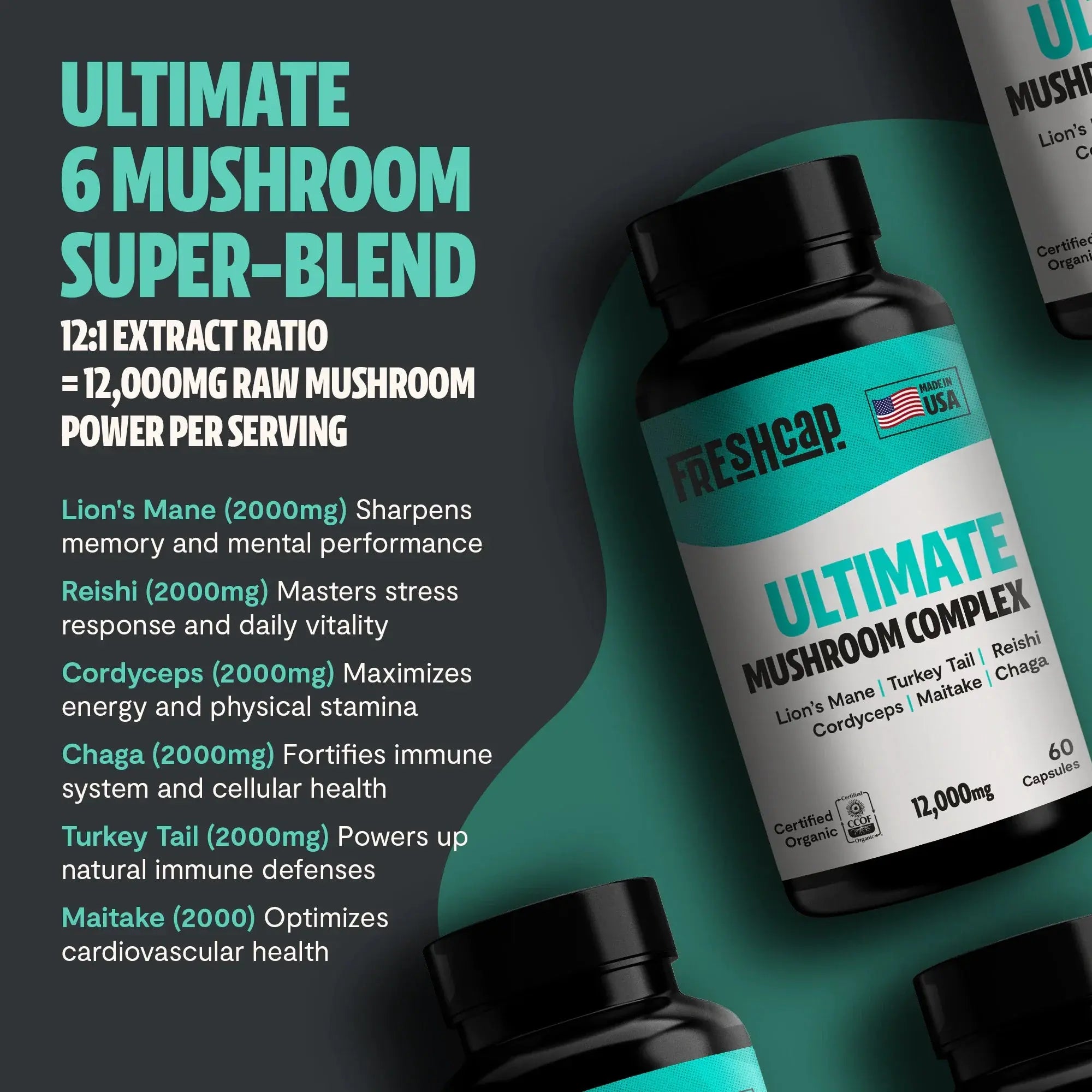 Organic Mushroom Complex Supplement Capsules FreshCap Mushrooms