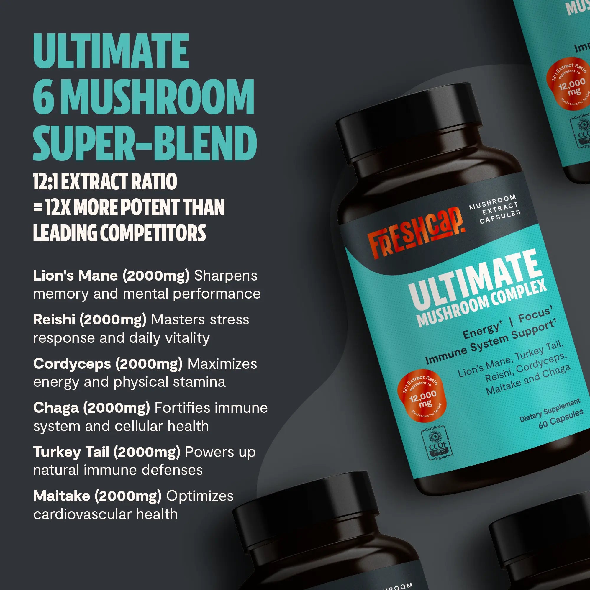 Organic Mushroom Complex Supplement Capsules FreshCap Mushrooms